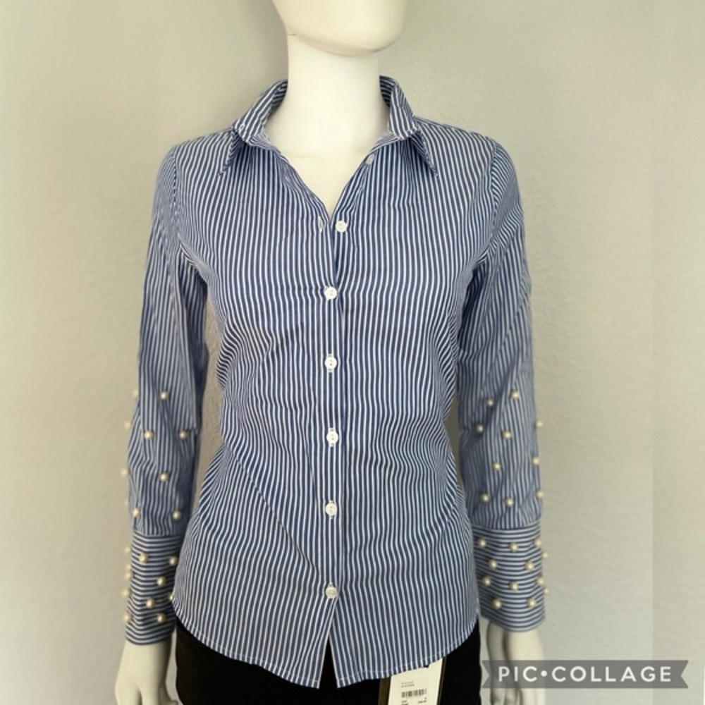 WOMEN STRIPE BUTTON DOWN‎ SHIRT FAUX-PEARL BLOUSE